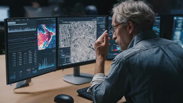 Medium shot of a data scientist analyzing predictive crime analytics dashboards focused on theft patterns using AI algorithms