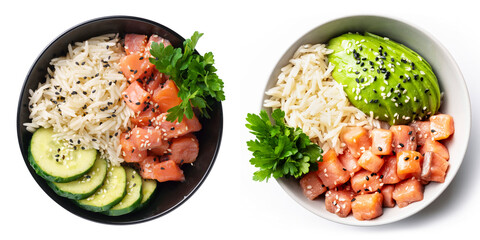 Salmon Poke Bowl with Rice, Avocado and Cucumber Isolated on White Background, Top View