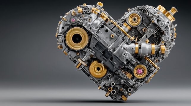 Intricate mechanical heart shape formed by silver gears and gold pipes for industrial romance concepts.

