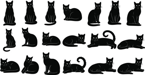 Black cat silhouette set, elegant feline sitting lying poses collection, mysterious kitty illustration isolated on white background vector stock design © MstMousumi