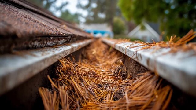 Shot of cleaning a box gutter with accumulated pine needles and dirt highlighting the flat wide profile that requires regular debris removal to prevent water damage.
