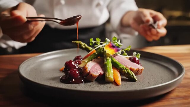 Chef garnishing gourmet duck dish with asparagus and sauce, fine dining presentation