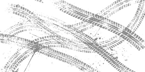 Overlapping gray tire tracks create a complex pattern on a white background, suggesting motion and grunge