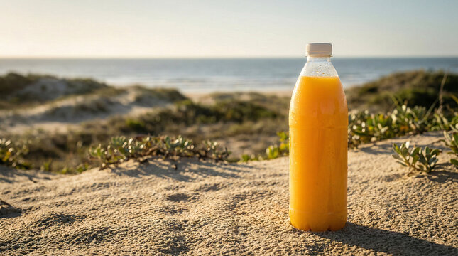 Composi&ccedil;&atilde;o de suco de laranja: Uma garrafa de suco de laranja na praia