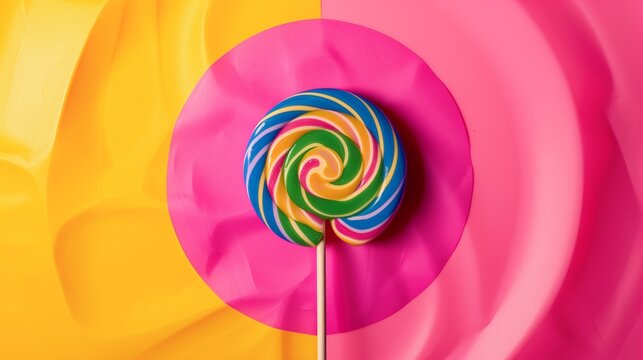 Colorful swirl lollipop on vibrant background