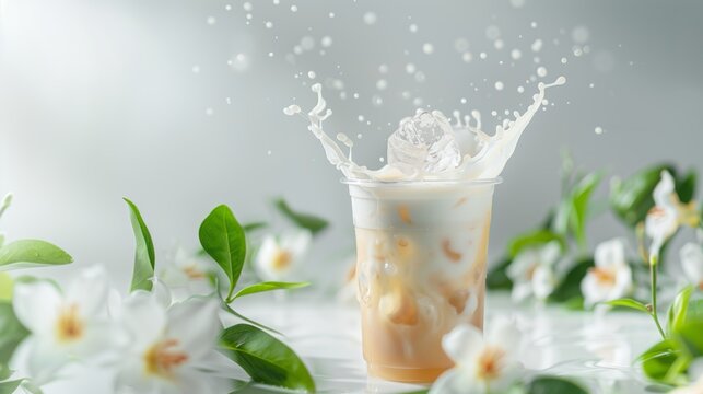 Iced milk beverage with dynamic liquid splash