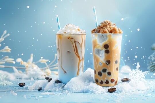 Iced bubble tea drinks in snowy setting