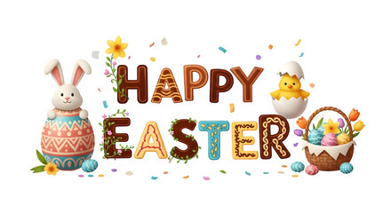 Fototapeta premium Happy easter isolated on transparent background with colorful eggs and bunnies