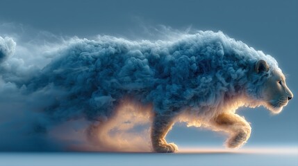 Surreal cloud formation shaped like running lion in blue sky.

