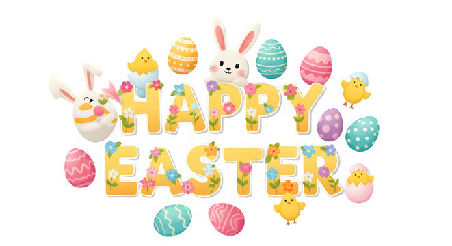 Happy easter isolated on transparent background with colorful eggs and bunnies