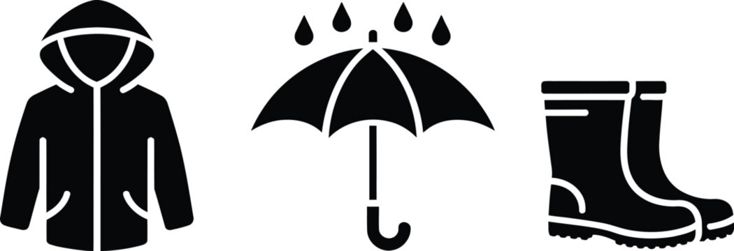 Hooded raincoat, umbrella and wellington boots icons set, protective accessories against rainfall for wet weather, storm and seasonal climate design.