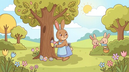 Fototapeta premium Cute bunnies hunting Easter eggs in sunny meadow. Adorable rabbits with baskets near oak tree. Springtime nature illustration for kids and holidays