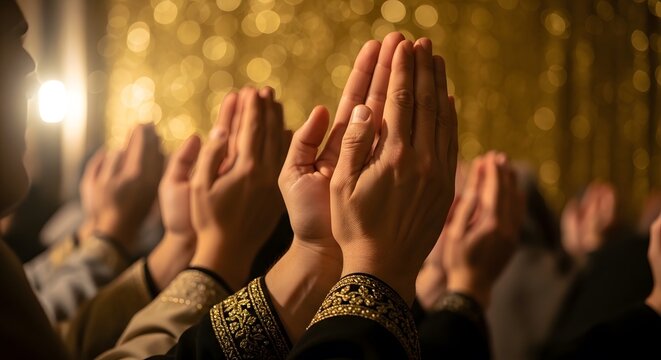 Islamic prayer concept hands in the act of praying during a religious ceremony or Ramadan evening