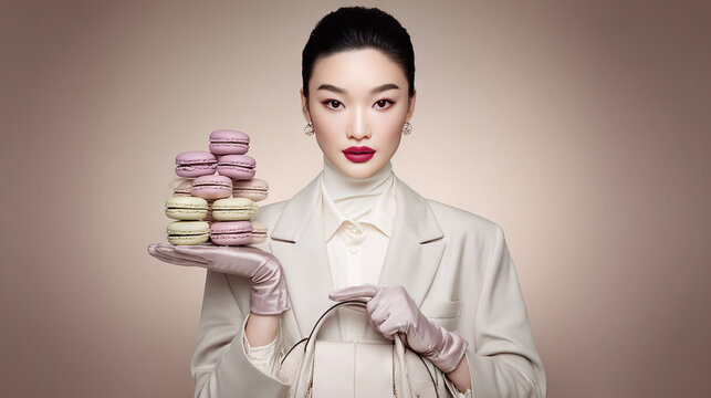 Elegant woman holding a stack of macarons