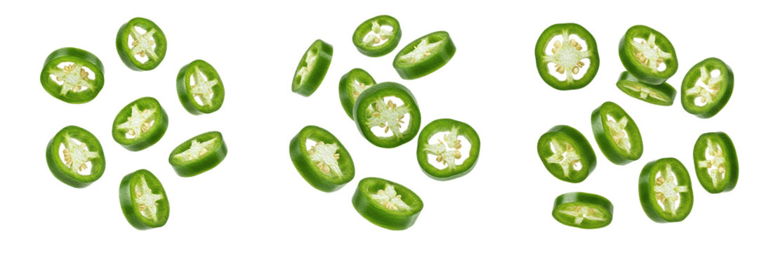 Fresh Green Jalape&ntilde;o Slice Set, Spicy Organic Pepper Rings and Chili Rounds Collection for Culinary Design, Isolated PNG