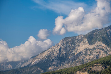 Cloudy Mountain Landscape with Forest. Forest at the Foot of a Cloudy Mountain. Mountain and Forest Scenery.