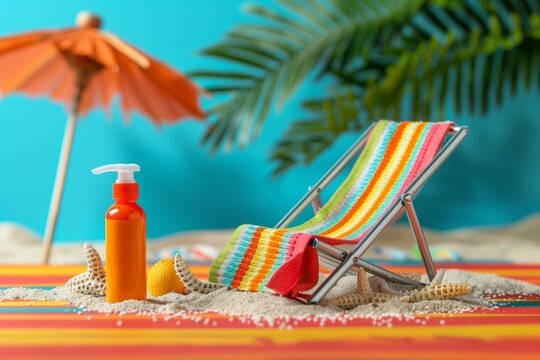 Miniature beach scene with chair and sunscreen