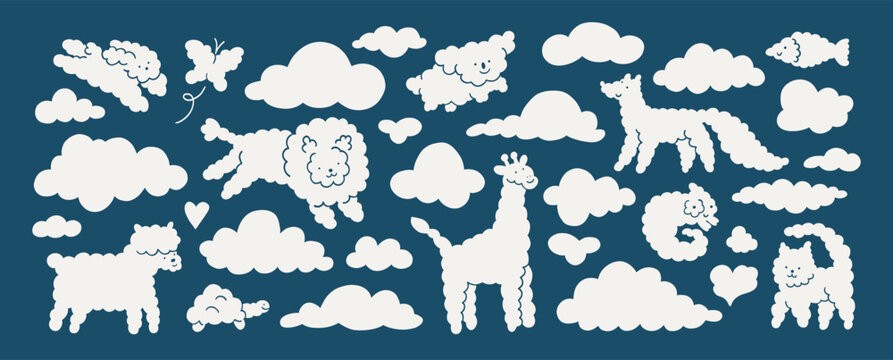 Illustration of white clouds in the shape of animals on blue background. Cloud dancer and blue colors. Different cloudy animal set. Print for kids, banner design. Lion, giraffe, fox, cat, cute vector.