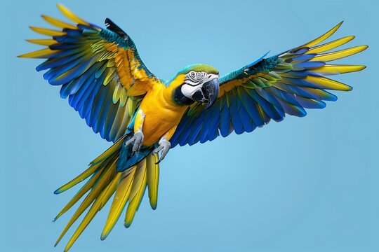 Blue and yellow macaw flying against blue sky
