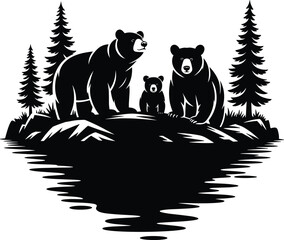 Bear family silhouettes in forest landscape, wild brown bears with cub, pine trees and lake reflection, wildlife illustration vector © Hey There