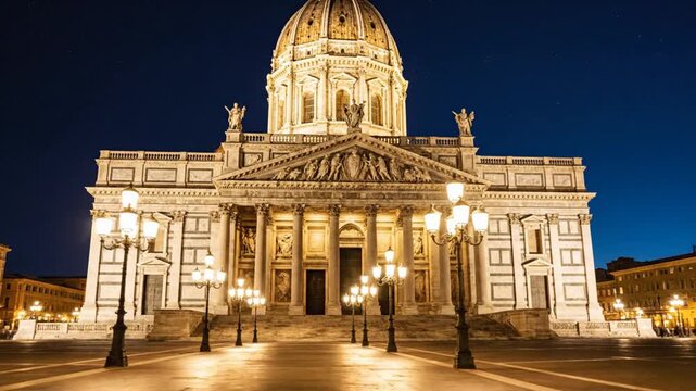 Grand illuminated classical domed building in historic European city at night