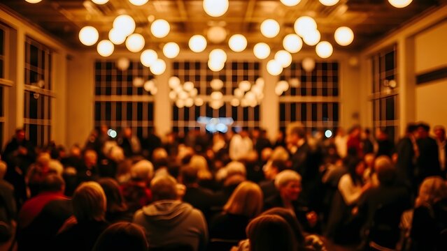 A crowded event space with a large chandelier