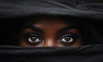 Naklejka premium Mysterious gaze of a woman shrouded in black fabric showcasing striking eyes during a dramatic close-up