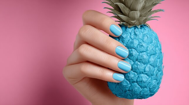 Woman's hand with flawless baby blue manicure holds bright cyan pineapple against solid pastel pink background, emphasizing bold colors and minimalist design elements