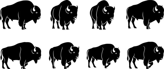 Silhouette of seven bison standing in two rows on a white background © Vecto_Pixels