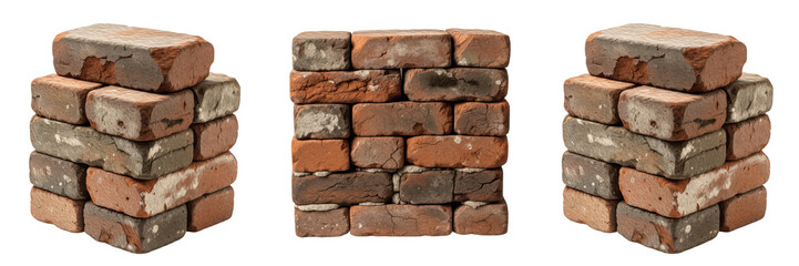 Obraz premium Rustic Weathered Brick Set, Stacked Reclaimed Red Clay Bricks for Construction and Masonry Collection, Isolated PNG