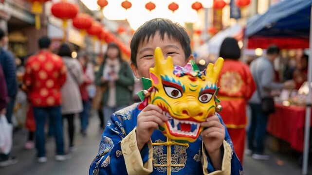 Happy child holding a colorful yellow dragon mask wearing blue traditional clothing during Lunar New Year festival celebration in a street market with red lanterns and blurred people background