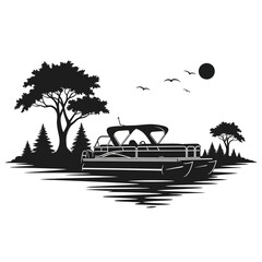 Silhouette of a pontoon boat on calm water with trees and birds © Fariaislam