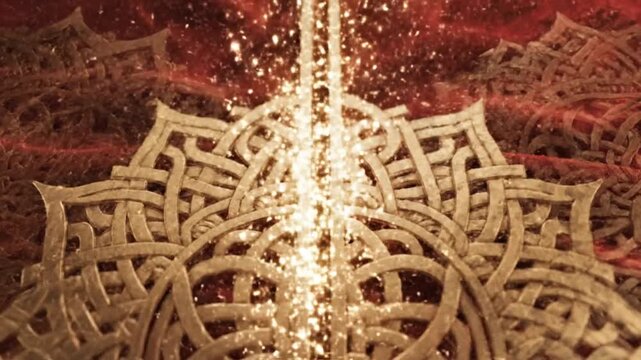 Intricate golden ornamental patterns on rich red velvet background