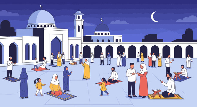 Eid alAdha Celebration at Mosque with Families and Crescent Moon.