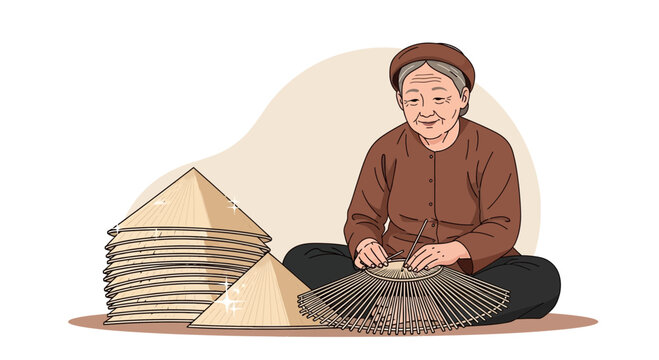 Elderly Vietnamese woman weaving traditional conical hats with focused craftsmanship.