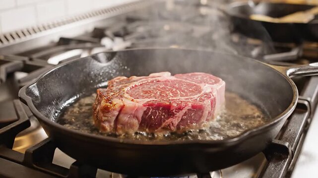 Chef searing juicy ribeye steak in hot cast iron skillet with sizzling butter
