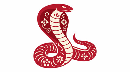 Obraz premium Cobra Snake Vector Illustration | Red and White Hood with Floral Patterns | Symmetrical Artistic Graphic for Cultural, Symbolic, Zodiac, and Decorative Design Projects