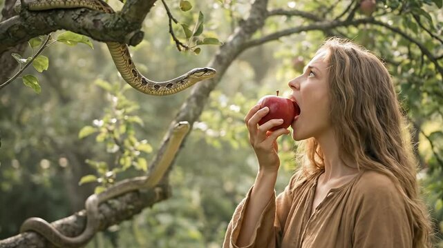 Young woman with long hair biting a red apple in a lush green garden while a serpent snakes down from a tree branch representing the biblical story of Eve