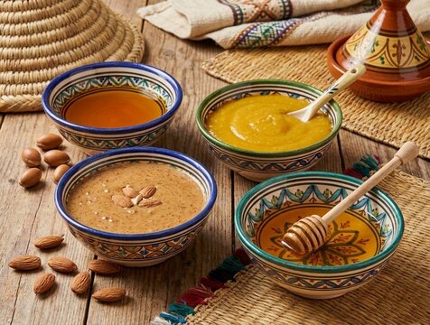Berber Breakfast Table Amlou, Butter, Honey and argan Oil, Atlas Mountains, Morocco. AI Image