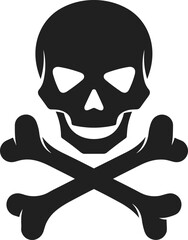 Minimalist black silhouette of a human skull with crossed bones, classic Jolly Roger pirate flag icon for nautical safety, poison, and danger signs.