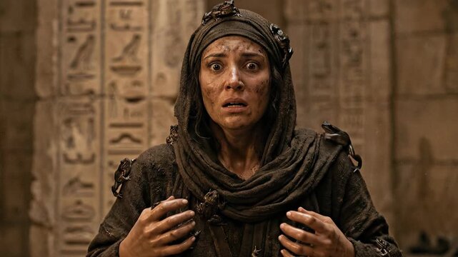 Shocked woman covered in jumping frogs inside a stone temple with hieroglyphics representing the second biblical plague of Egypt during the exodus of the Israelites from ancient Egyptian lands