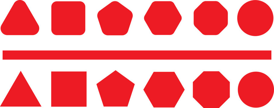 Red Geometric Shape Set with Rounded and Sharp Corners, Triangle Square Pentagon Hexagon Octagon Circle and Horizontal Bar, Solid Flat Vector Isolated on Transparent Background.