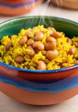 Traditional island cuisine featuring seasoned yellow rice and tender pigeon peas served piping hot in a rustic, colorful ceramic vessel, representing heritage, tropical, flavor, festive