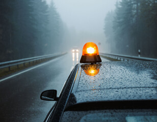 Amber emergency warning beacon on car roof in rainy foggy road