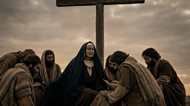 Grieving mother Mary wearing blue robes sitting at the base of a wooden cross with mourning followers on a hill during the biblical scene of the crucifixion of jesus christ