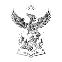 Fototapeta premium A golden phoenix rising from a flaming book on a red background. The dragon can be used as a logo.