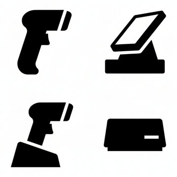  set of icons representing retail point-of-sale equipment, including barcode scanners, a terminal display, and a payment device. 