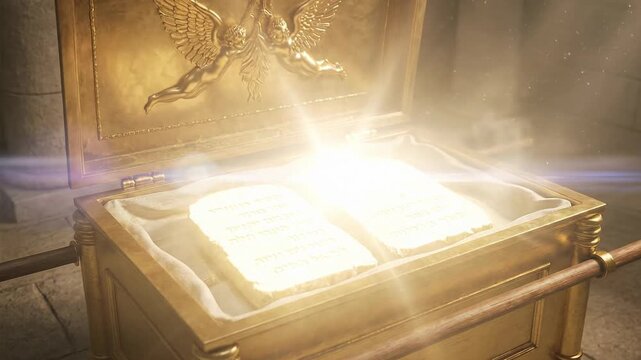 Ark of the covenant made of gold with two carved cherubim on the lid emitting a bright divine light revealing the stone tablets with commandments inside a sacred temple