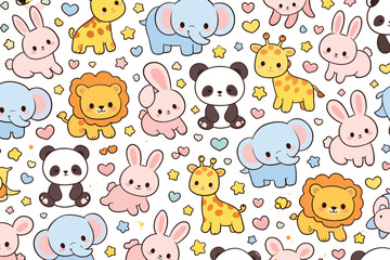 Obraz premium Cute Kawaii Animals Pattern - Baby Zoo Creatures, Cheerful & Adorable
