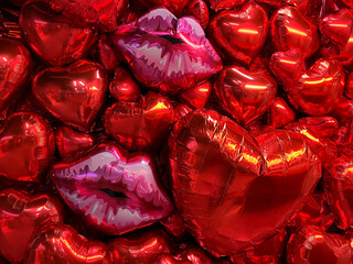Wall of shiny red foil balloons shaped as hearts and lips, creating a bold romantic background with reflective highlights, perfect for love, celebration, and Valentine’s Day themes. © Martins